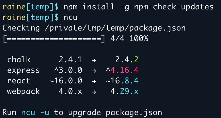 Результат работы npm-check-updates